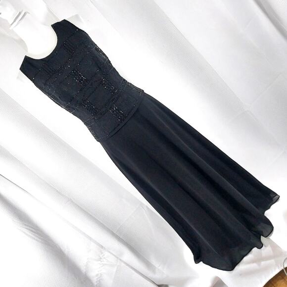 KAREN MILLER, NEW YORK! BLACK BEADED, EMBROIDERED 2 PC LOOK MAXI DRESS! SZ 6P - Picture 1 of 11